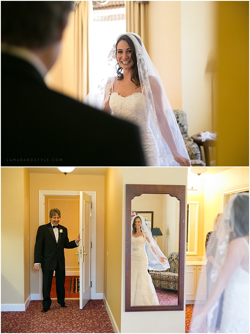 Father sees bride in her wedding dress 