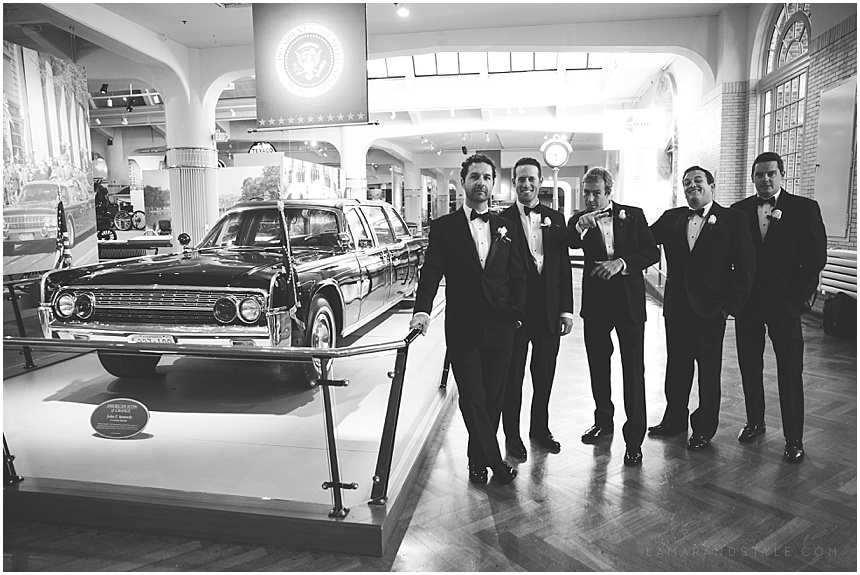 Groomsmen next to Kennedy Limo at the Henry Ford Museum