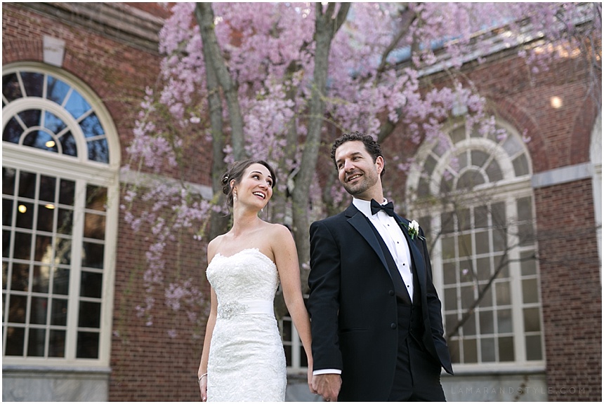 Bride and Groom in courtyard at the Henry Ford museum 