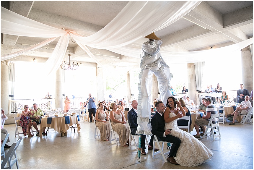 stilt performer at wedding reception