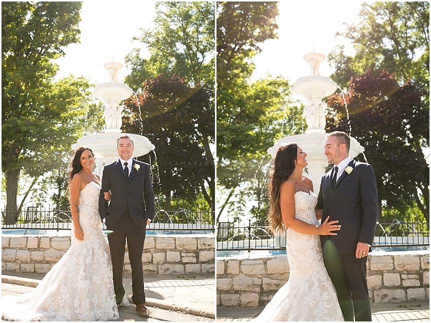 bride and groom at fountain 