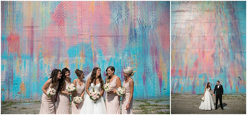 illuminated mural Detroit bridesmaids bride and groom