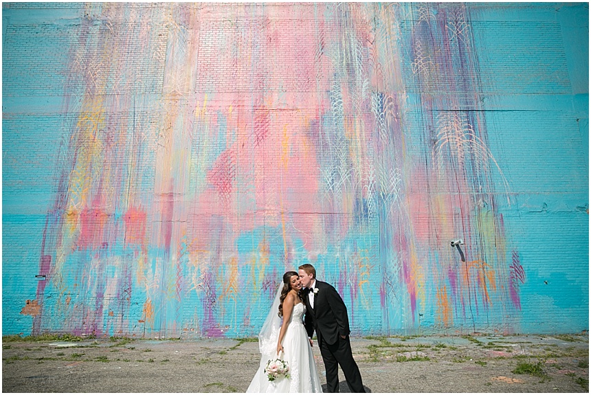 illuminated mural Detroit bride and groom