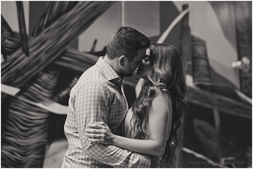 almost kissing engagement photo black and white Detroit Z parking garage belt alley