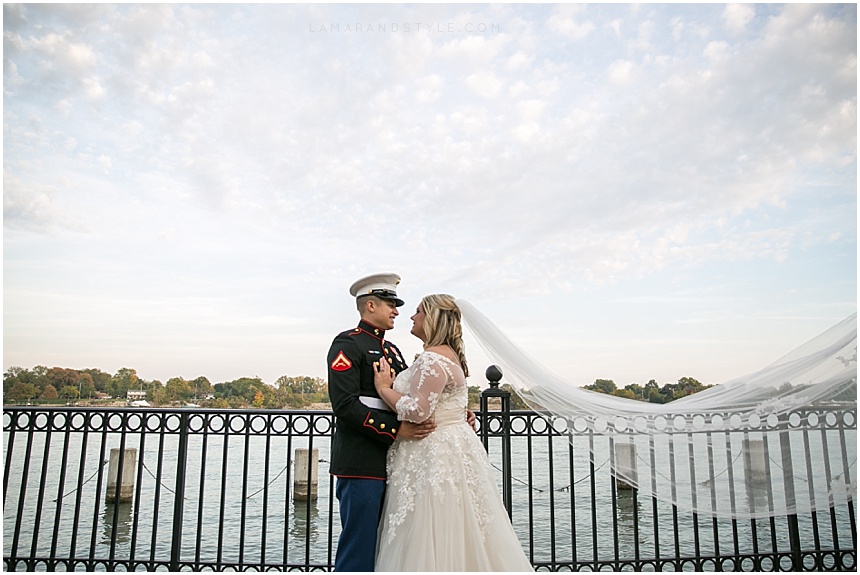 marine, groom, bride, sky, river, veil, scenic