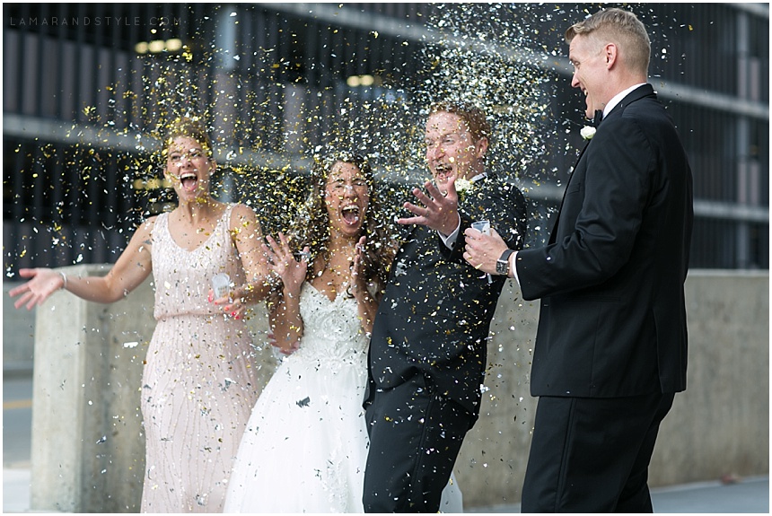 celebration, excitement, explosion, confetti, fun, detroit, bride, groom