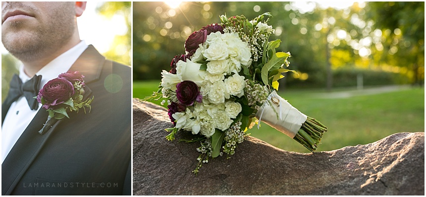 details, bouquet, boutonniere, sun flare, golf course, wedding 
