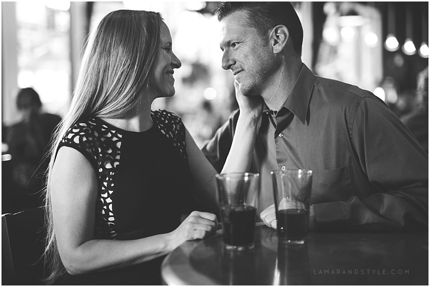 detroit engagement, atwater brewery, black and white, candid