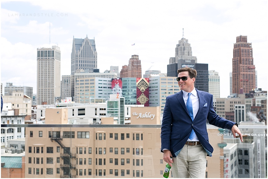 rooftop, detroit athletic club, groom, sunglasses, cityscape